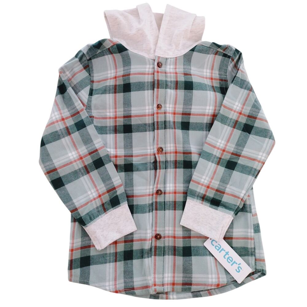 Carters NEW Green Plaid Hooded Flannel Long-Sleeve Button-Up Shirt Boys 5T/5A
